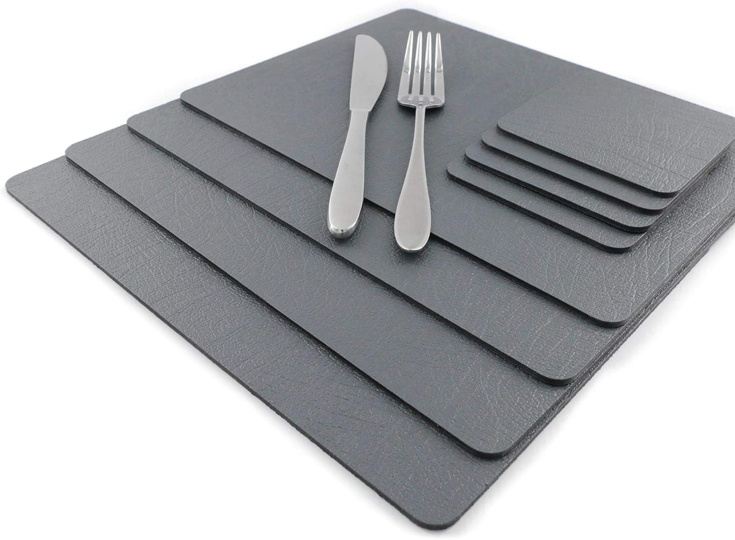 Sets of 4 Slate Grey Recycled Leather Placemats (28cm x 21cm) and 4 Recycled Leather Coasters. Made in The UK by Lara-May