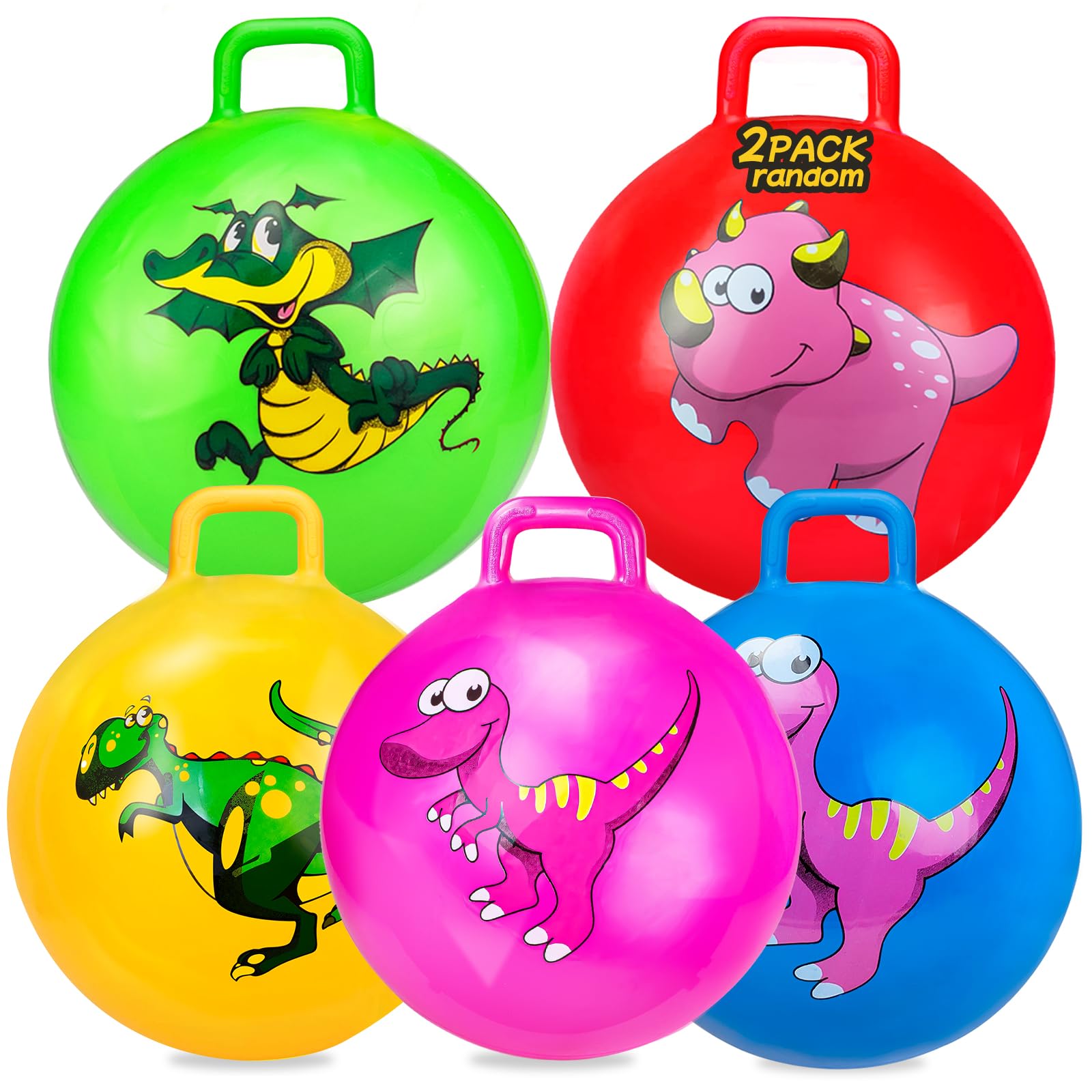 Hymaz Space Hopper for Kids Ages 3+, 18 Inch Jumping Ball Bouncy Hoppers with Handle, Inflatable Exercise Balance Toys for Indoor Outdoor Garden Games for Boys Girls (2P Dinosaur Hopper Balls)