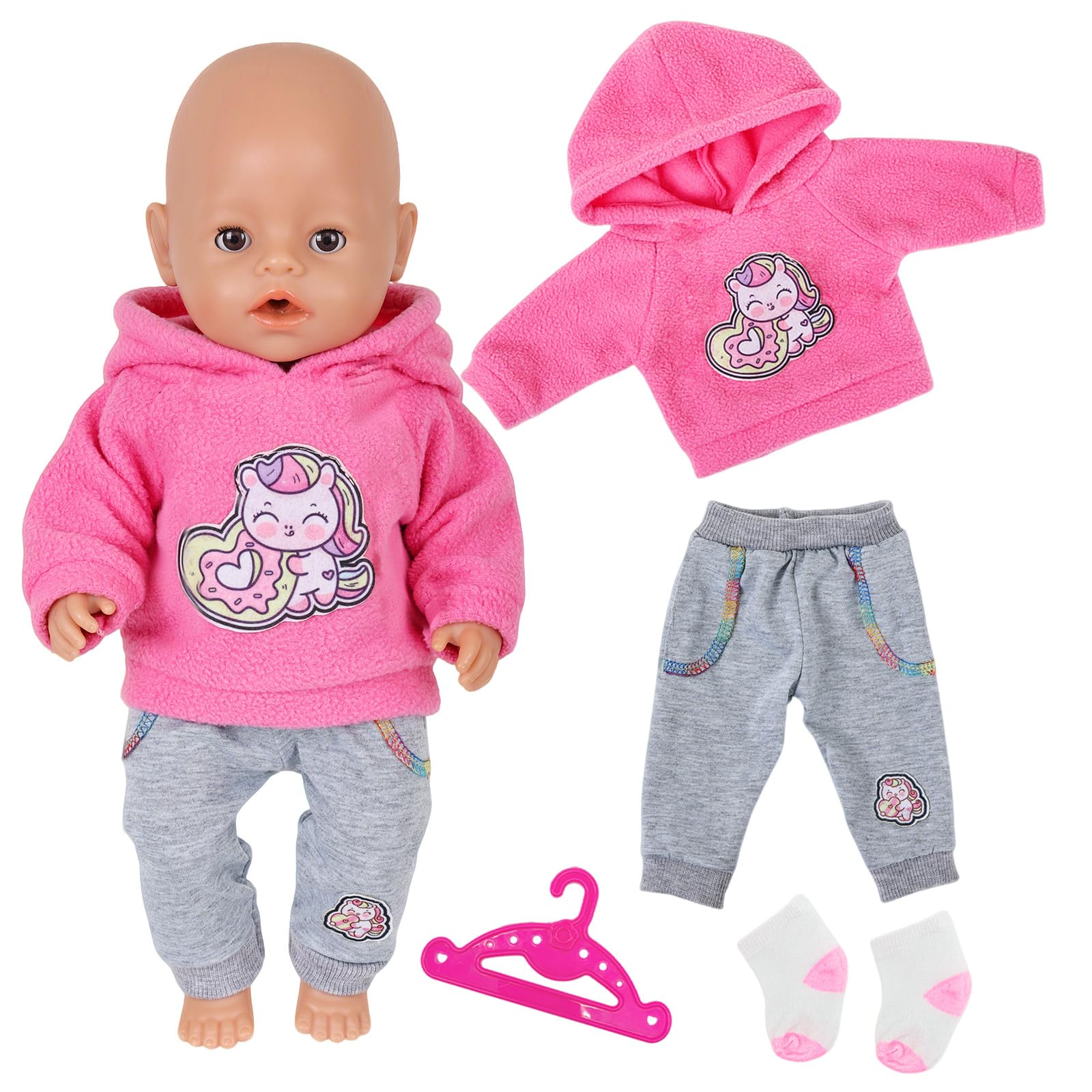 4 Pcs Baby Doll Clothes for 12-18 Inch Doll，Cartoon Pink Pony Baby Doll Accessories for 30-45cm Dolls with Green Hoodie Brown Trousers Socks Hanger Sweet Doll Clothes for Kids Birthday Gift