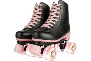 XUDREZ Roller Skates for Girls, Stylish Black PU Leather with Pink Light Up Wheels, Indoor Outdoor, Youth Size 1-6