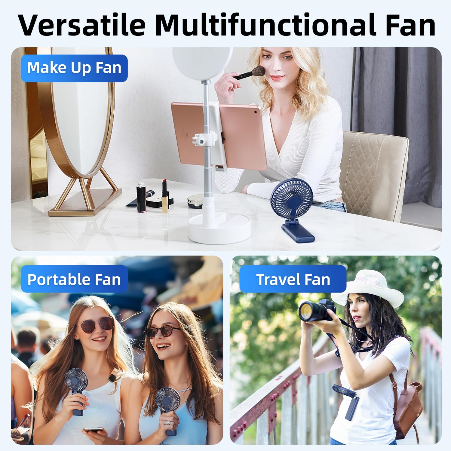 【SUPER THIN】 Portable Handheld Fan, 2025 Upgraded Strong Airflow, 20Hrs Runtime, 5000mAh, 180° Foldable, 5 Speeds, 3-IN-1 Mini Hand/Desk/Neck Fans, Travel Essentials Gifts for Women, Men