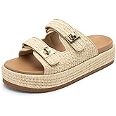 DREAM PAIRS Platform Sandals Women Raffia Espadrilles Summer Comfortable Wedge Sandals Beach Vacation Adjustable Buckle Cute Slide Sandals