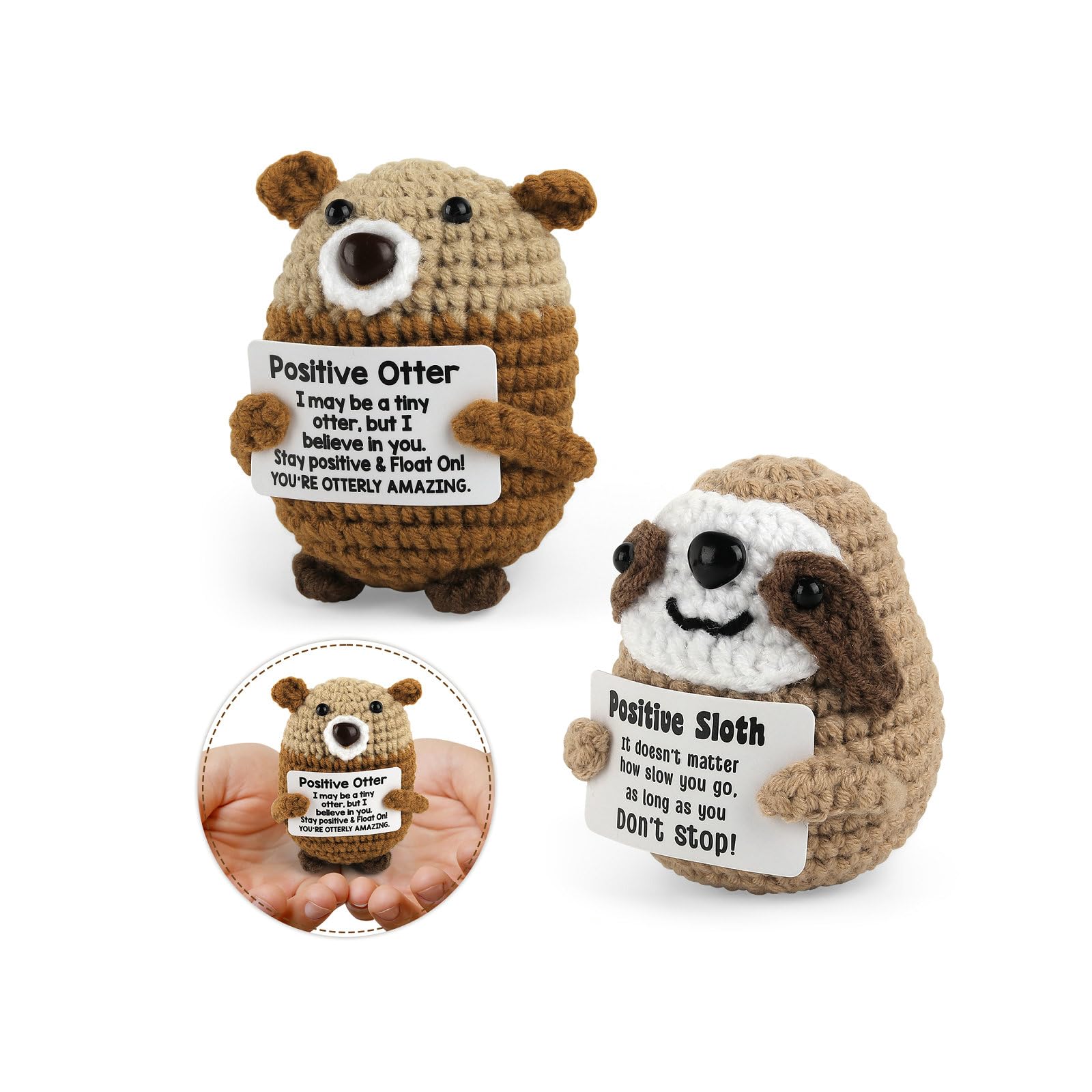 Foyucool Positive Crochet Animals 2-Pack, Sloth & Otter for Emotional Support, Funny Inspirational Gifts for Women & Men, Cute Stress Relief Decor for Birthday, Exam, Office