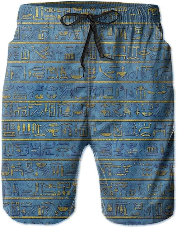 Mens Beach Shorts Gold Blue Egyptian Egypt Hieroglyphs