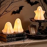 DN DECONATION Light Up Ghost Halloween Decor, 5" Cute for Halloween Table | Halloween Decorations Indoor, 3PCS LED Ceramic Ghost, Tray, Shelf, Bedroom Decor, White Spooky Decorative Ghosts Figurines