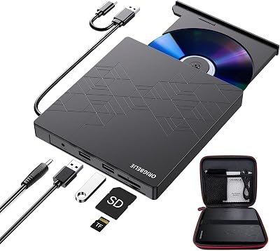 ORIGBELIE External CD DVD Drive USB 3.0 Type C Card Reader w/ 2 USB Ports Case