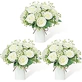 Wedding Table Dining Centerpiece Set of 3 - Small Artificial Floral Arrangements 6 Pcs Silk Rose Bouquets and 3 Pcs Metal Pot Silk Flowers in Vase for Wedding Party Home Kitchen Bathroom Décor, Ivory