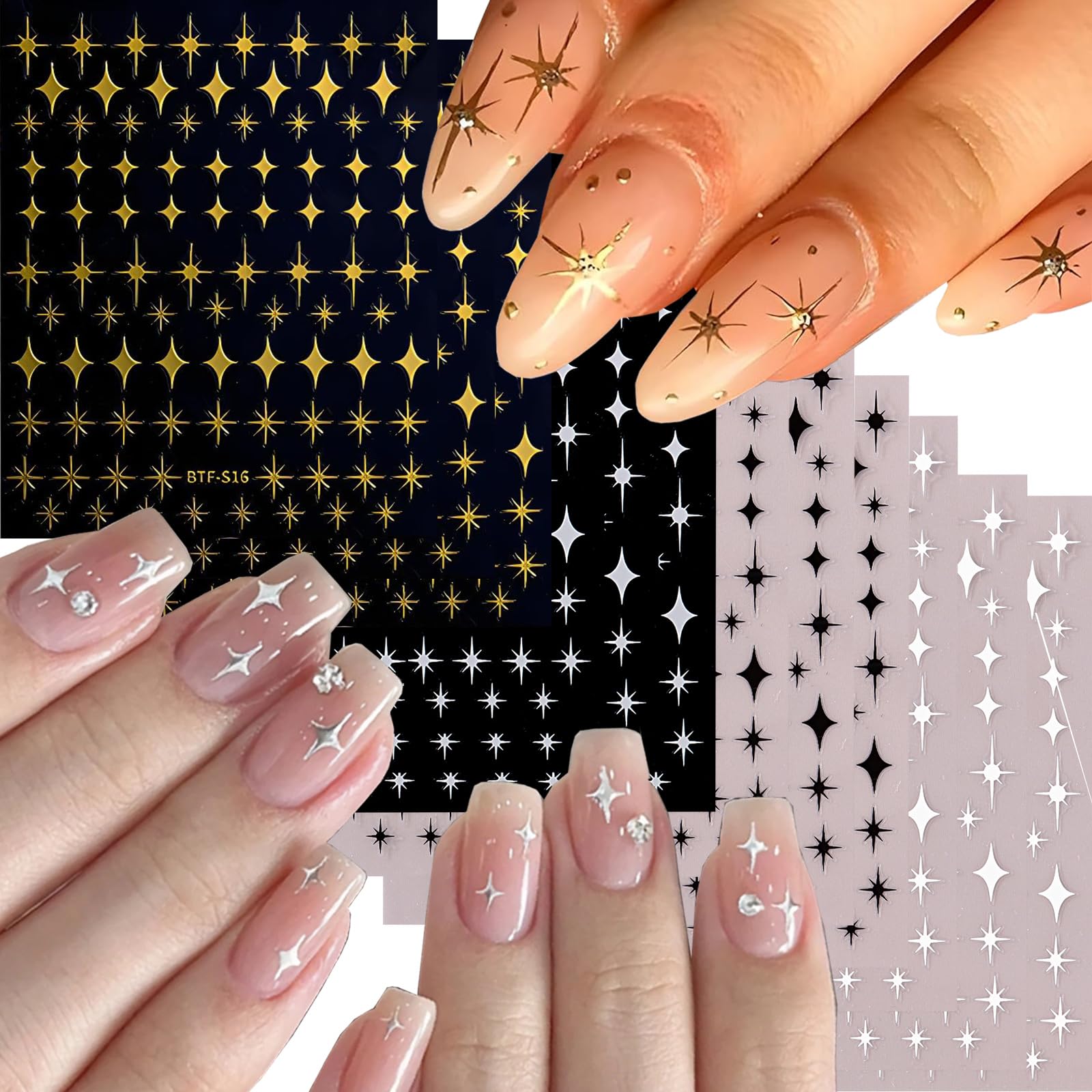 Photo 1 of 12 Sheets Star Nail Art Stickers Decals 3D Self Adhesive Gold White Black Star Design Nail Art Decal Supplies Accessories for Women Acrylic Manicure DIY Decoration