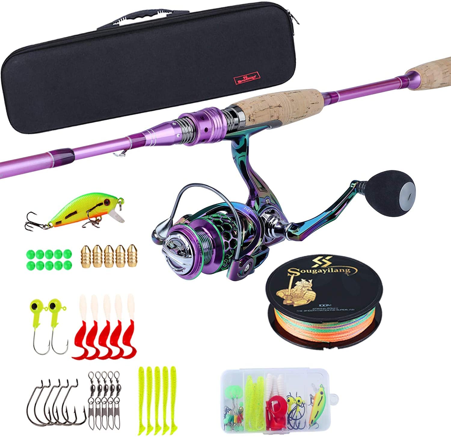 Sougayilang Fishing Rod Reel Combo, Carbon Fiber Protable 4-sections Spinning Fishing Pole and Colorful Spinning Reel for Travel, with Fishing Line Lures Accessories and Carrier Bag