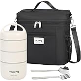 Voova Stackable Stainless Steel Thermal Lunch Box with Lunch Bag and Cultery Set for Adult Women Men, 3 Tier Leakproof & Microwave Safe Insulated Bento Boxes Food Container for Work, Black