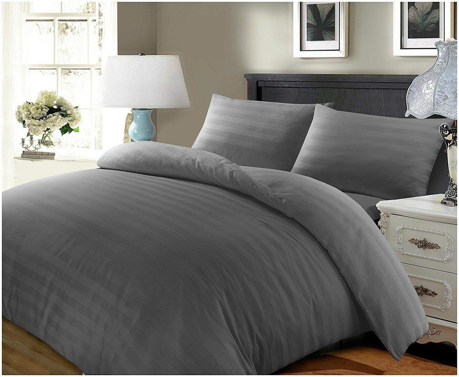NightNest 300 Thread Count Duvet Cover Set Sateen Stripe Long Staple