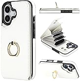 Folosu Compatible with iPhone 17 Case Wallet with Card Holder, 360°Rotation Finger Ring Holder Kickstand, RFID Blocking Leather Protective Double Buttons Shockproof Cover 6.3 Inch White