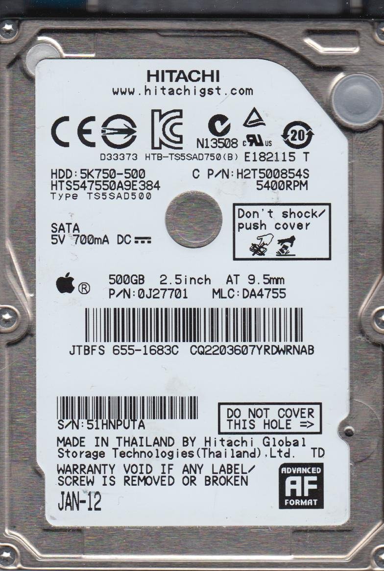 Amazon.com: HTS547550A9E384, PN 0J27701, MLC DA4755, Hitachi 500GB SATA 2.5  Hard Drive: Computers & Accessories