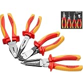 BILITOOLS 4PCS 1000V Insulated Pliers Set, Cr-Mo Electrician Pliers | Electrical Pliers Set with Lineman, Needle Nose Pliers, Wire Stripper &amp; Diagonal Cutters, High Leverage Insulated Tools