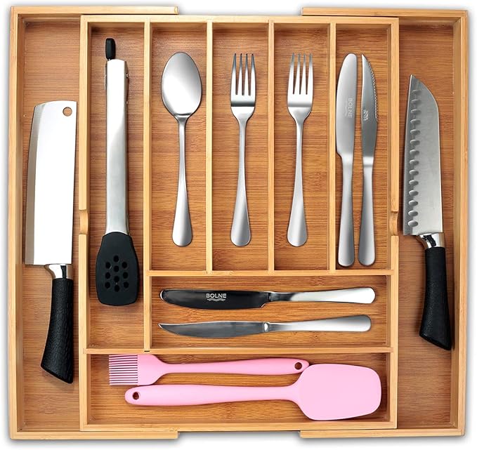 Organizador de cajones de cocina de bambú, organizador de cubiertos