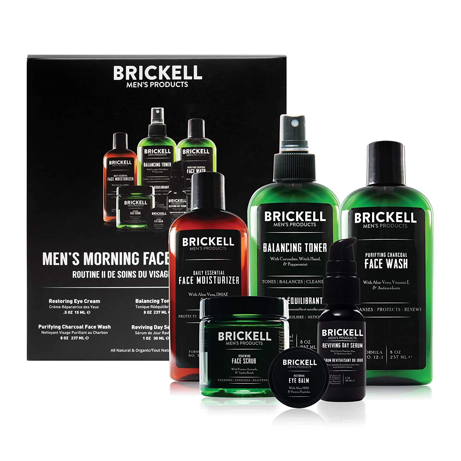 Brickell Men's Morning Face Care Routine II, Purifying Charcoal Face Wash, Alcohol Free Toner, Face Scrub, Eye Cream, Day Serum and Daily Face Moisturizer, Natural and Organic, Unscented