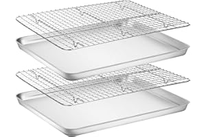 Baking Sheet with Rack Set [2 Pans + 2 Racks], Wildone Stainless Steel Cookie Sheet Baking Pan Tray with Cooling Rack, Size 16 x 12 x 1 Inch, Non Toxic & Heavy Duty & Easy Clean