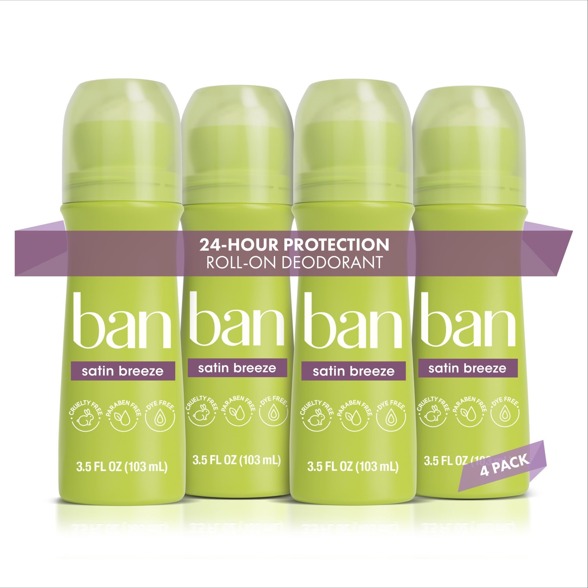 Ban Invisible Roll-on Antiperspirant Deodorant for Women and Men, 24-hour Underarm Odor & Sweat Protection, Satin Breeze, 3.5 Oz, Pack of 4