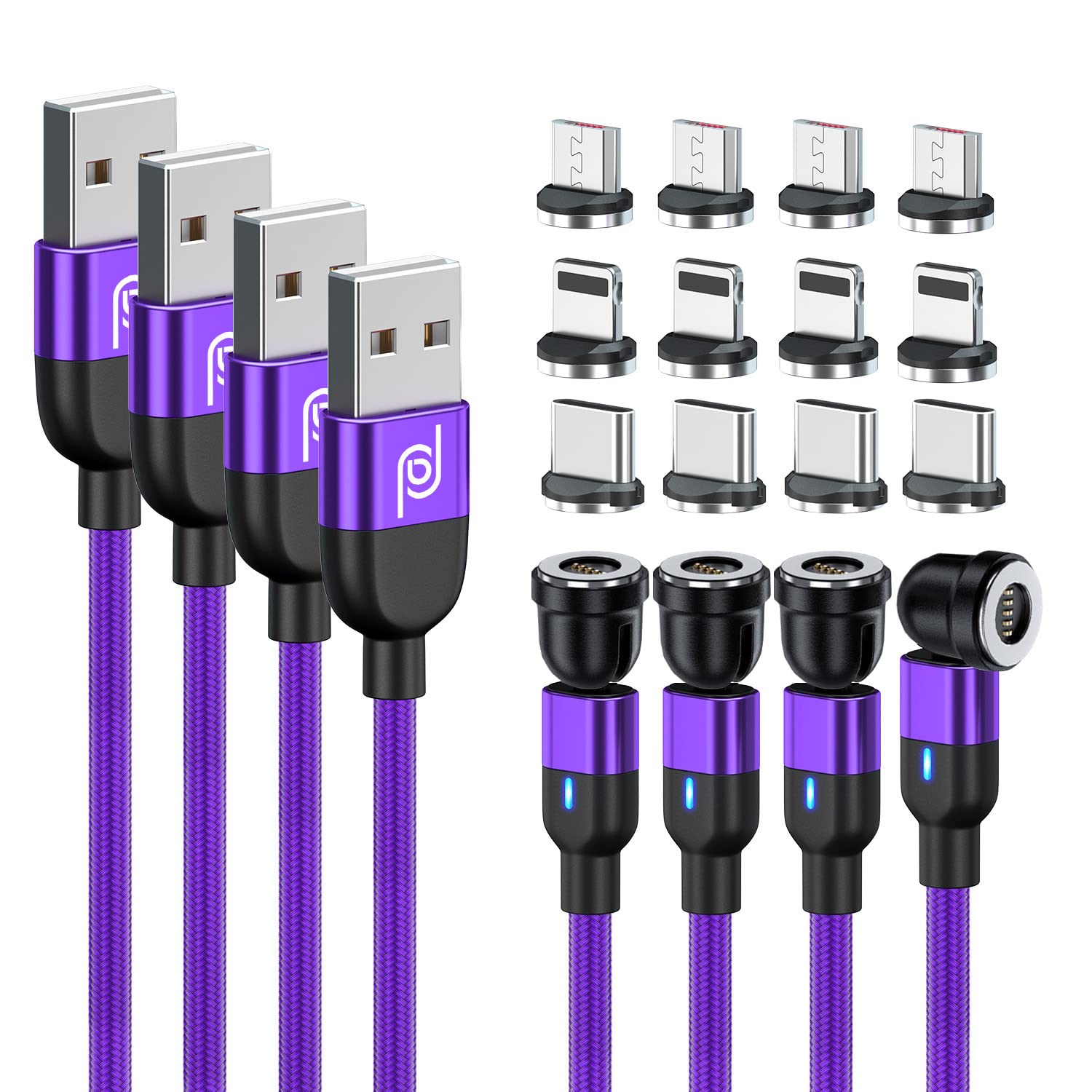 JJA Magnetic Charger Cable, Pack of 4, 2x1m,2m & 3m Long, 360°+180° Rotating, Fast Charging, Data Transfer, Visibility LED & Nylon Braided, Compatible with Micro USB, Type C, i-connector (Purple)