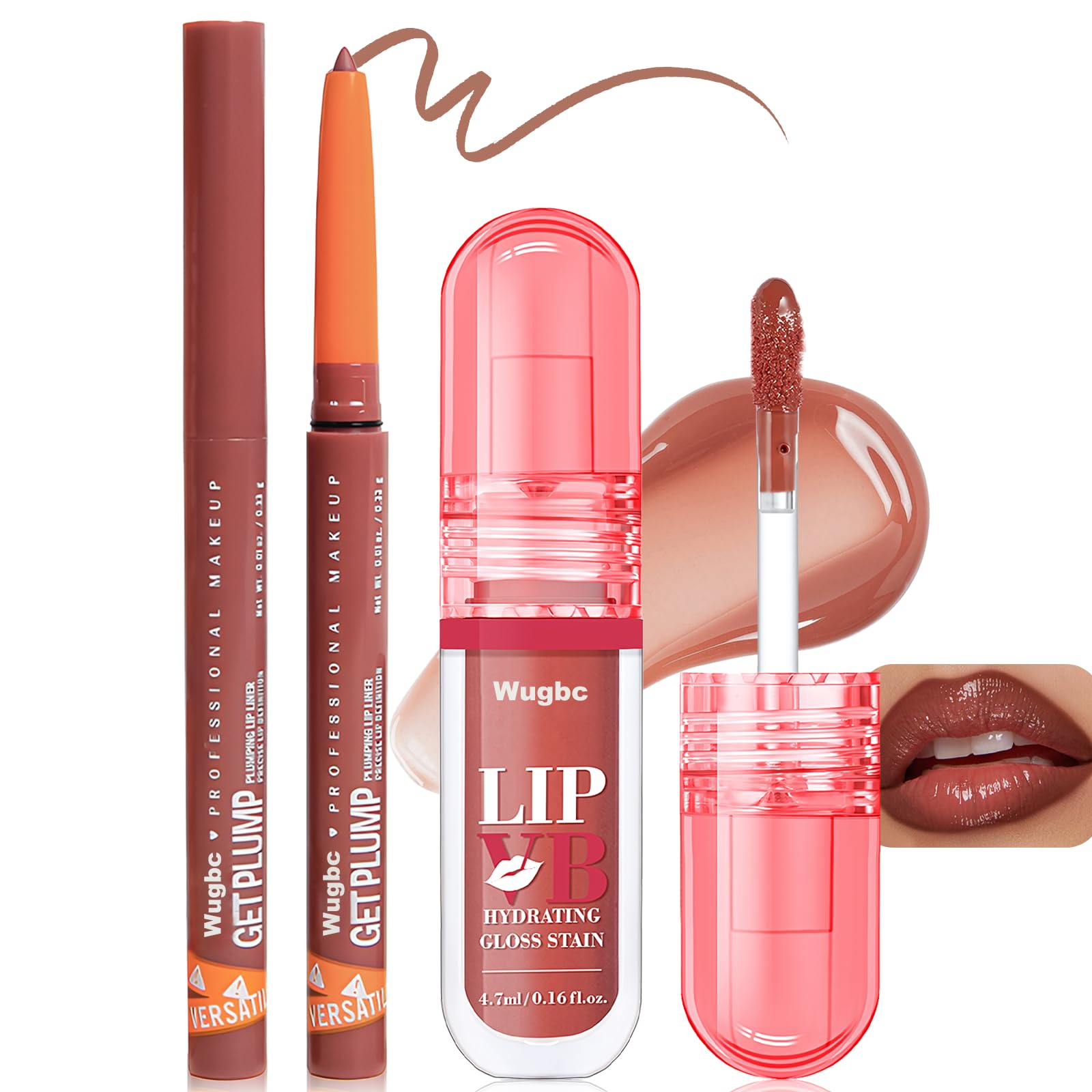 Photo 1 of Wugbc Hydrating Lip Tint Stain Plumping Lip Liner, Long Lasting Brown Lip Liner and Gloss Moisture & Shine, Cream Smooth High Pigmented Lip Stain and Plumper Pen Non-Sticky Lip Gloss for Women