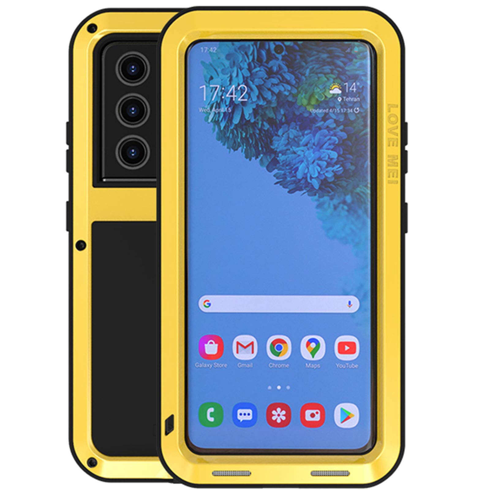 LOVE MEI Compatible With Samsung Galaxy S21 Ultra Case, Aluminum Metal Gorilla Glass Waterproof Shockproof Military Heavy Duty Sturdy Protector Cover Hard Case Yellow
