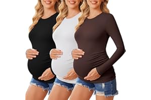 Ekouaer 3 Packs Maternity Shirts Crew Neck Long Sleeve Pregnancy Tee Tops Tunic Blouse Casual Mama Clothes