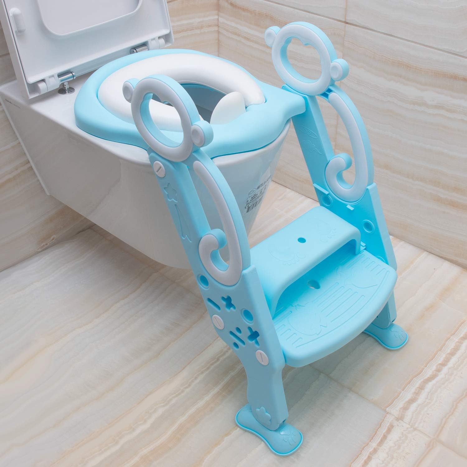 Toddler Toilet Training Seat with Soft Pads– Adjustable Stair Potty Seat with Sturdy Non-Slip Steps and Safe Handles, Kids Foldable Step Potty Chair with Anti-Slip Toilet Steps, Baby Seater, Blue