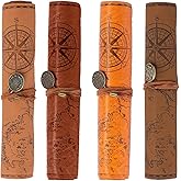 Glavatrix 4 Pieces Leather Pencil Case, Creative Map Rollup Pencil Bag, Vintage Makeup Brush Pouch, Brown PU Matte Smooth Cover Storage Pouch Holder Organizer