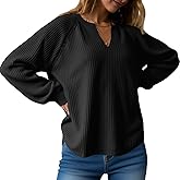 Fisoew Womens Oversized Long Sleeve Shirt Casual Waffle Knit Tunic Tops Lace Patchwork Pullover Sweatshirt