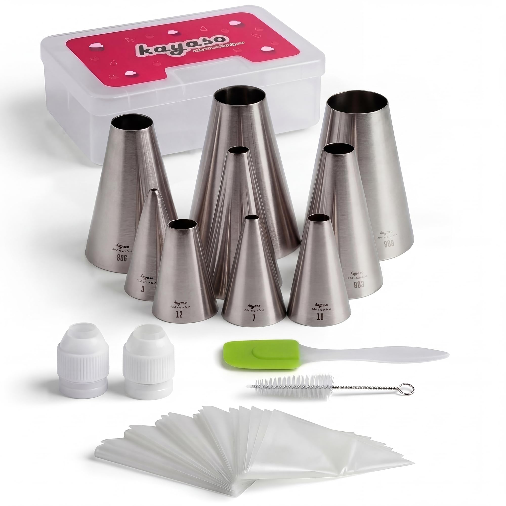 Kayaso Round Piping Tip Set – 9 Stainless Steel Pastry Tips in Graduated Sizes with 20 Disposable Decorating Bags for Cupcakes, Cakes, Cookies, and Frosting Design