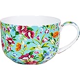 PMNING 25 Ounce Soup Bowls with Handles Bone China Soup Mug with Handles Flora Soup Cup Large Soup Bowl for Coffee Cereal Oatmeal Latte (Green)