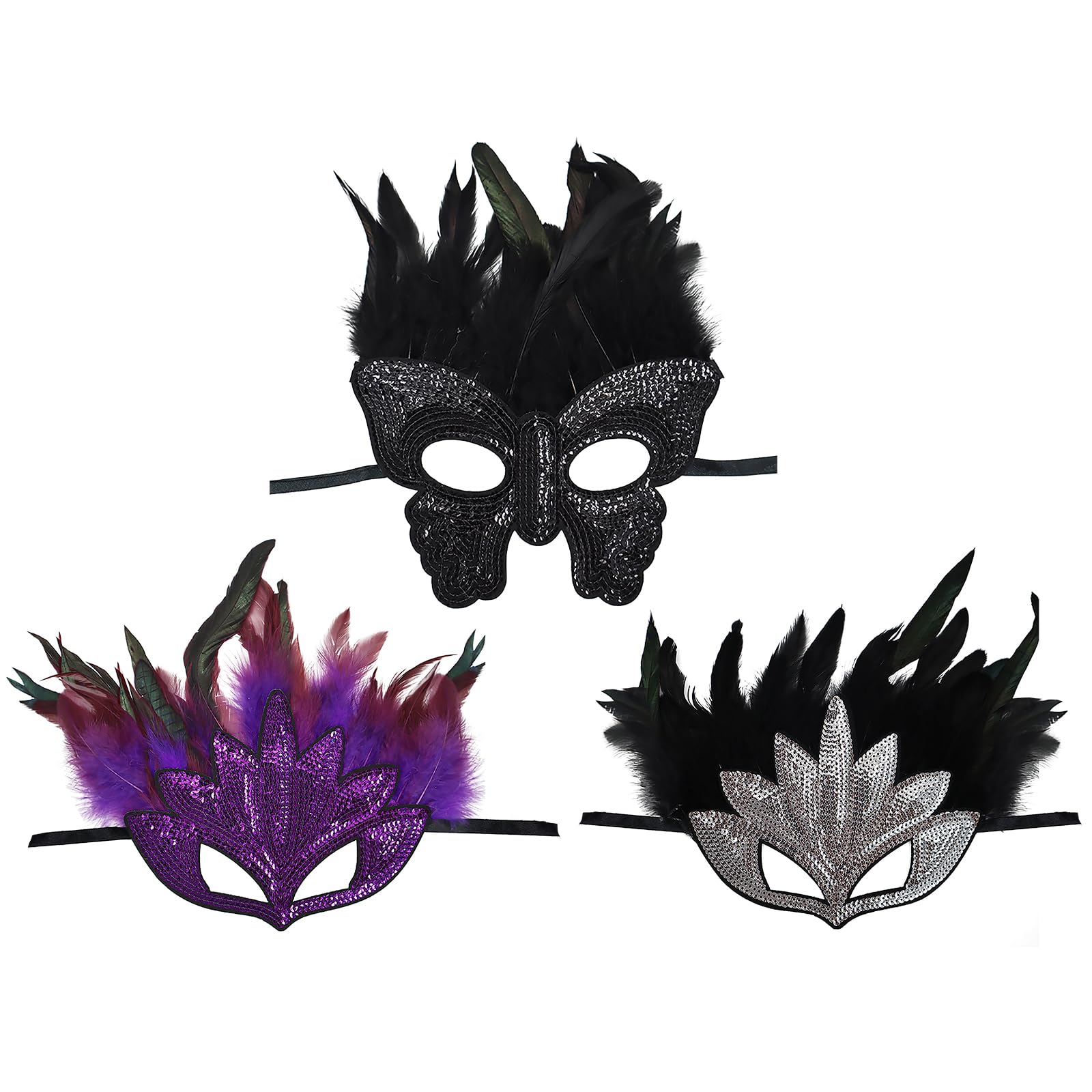 JIAHG 3PCS Shiny Sequins Feather Masquerade Mask Set Halloween Costume Half Face Mask Enchanting Flame Butterfly Eye Mask for Women Carnival Venetian Mardi Gras Party Ball Cosplay Accessory