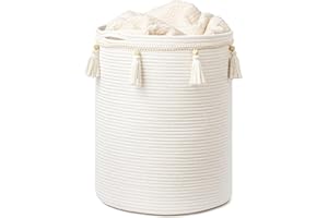 UBBCARE Laundry Hamper-15.7 x 19.6 in, Boho Large Woven Laundry Basket with Tassel, Macrame Basket for Blankets, Towels, Baby Toys, Tall Storage Basket for Nursery