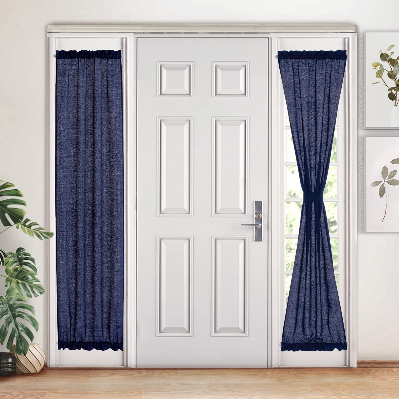 Melodieux Navy Semi Sheer Sidelight Curtains for French Door 72 Inches Long, Linen Look Light Filtering Front Door Window Curtains with Tiebacks, 25 by 72 Inch, 2 Panels