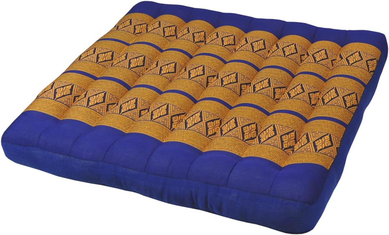 Seat cushion, Blue/yellow flat cushion (50x50/7 cm) for chair, sofa, armchair, meditation, yoga, outdoor//garden/patio furniture, made in thailand (82119)