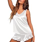Ekouaer Womens Silk Pajamas Set 2 Piece Satin Camisole Pjs V Neck Tank Top and Shorts with Ruffle Sleepwear