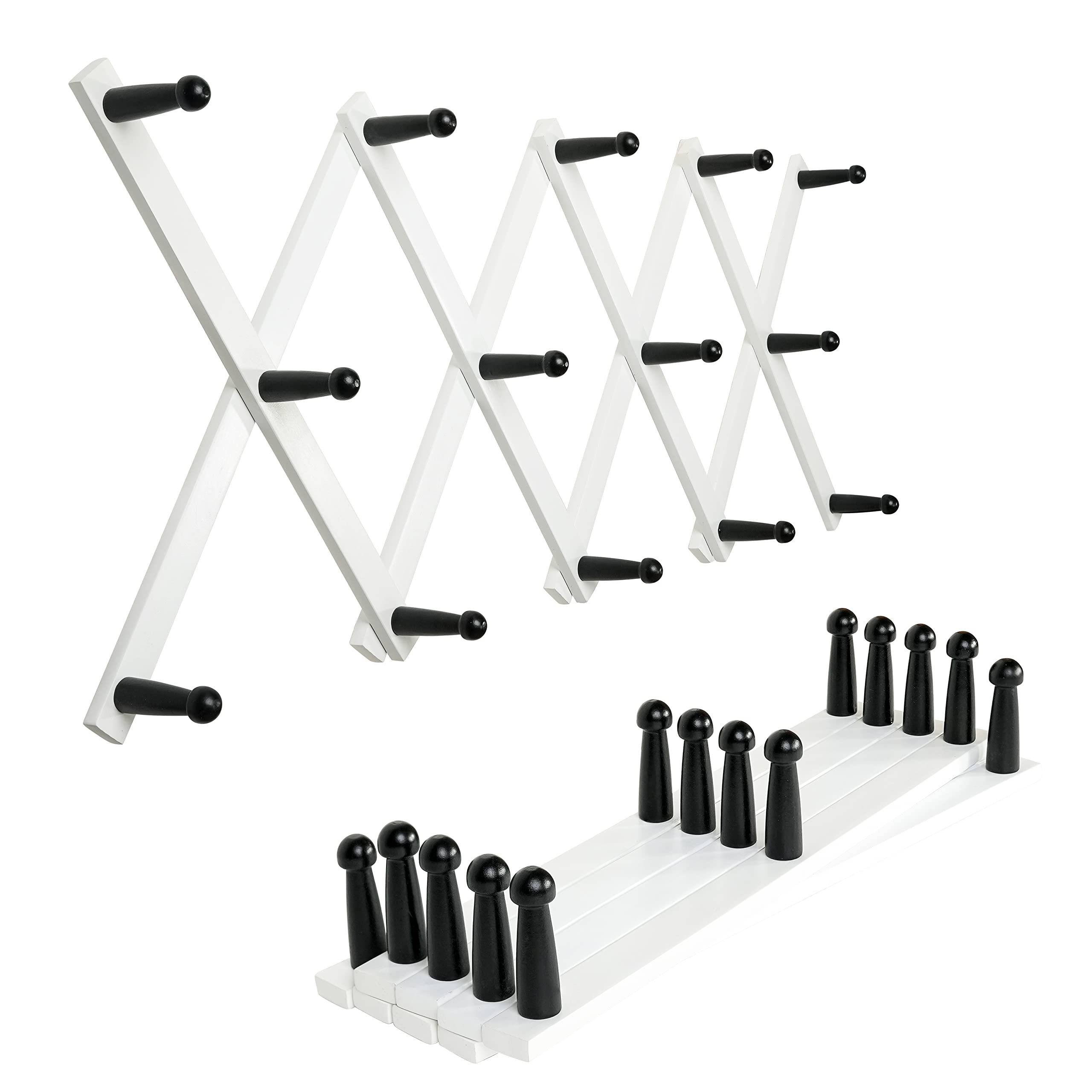 SKOLOO Accordion Wall Hanger, Expandable Coat Rack Wall Mounted, Solid Wooden Wall Hat Rack, 14 Peg, Pack of 2, Black on White