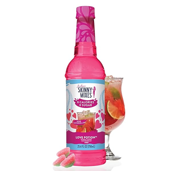 JORDAN’S SKINNY MIXES SUGAR FREE SYRUP – LOVE POTION FLAVOR, KETO, LOW CARB, ZERO CALORIE, GLUTEN-FREE, FRUIT WATER ENHANCER & DRINK MIX FOR ICED TEA, LEMONADE, COCKTAILS, 25.4 FL OZ (SOUR WATERMELON)