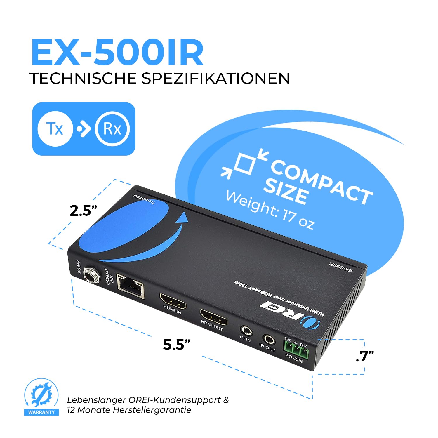 OREI 1080p HDBaseT HDMI Extender over Cat5e/6 Ethernet LAN cable - Up to 500 Feet, Supports HDCP 1.4, Bi-Directional IR, HDMI Loop-out, RS-232, PoC, HDMI Balun (EX-500IR)