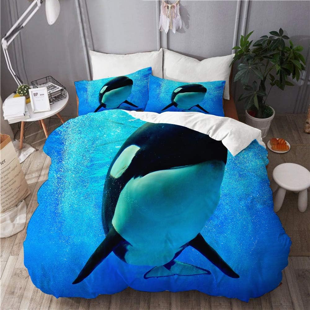 SUHOM Duvet Cover Set,Foam World Sea Orlando San Diego and Blue Orca Shark Whale Swimming Underwater,Decorative 3 Piece Bedding Set with 2 Pillow Shams King Size