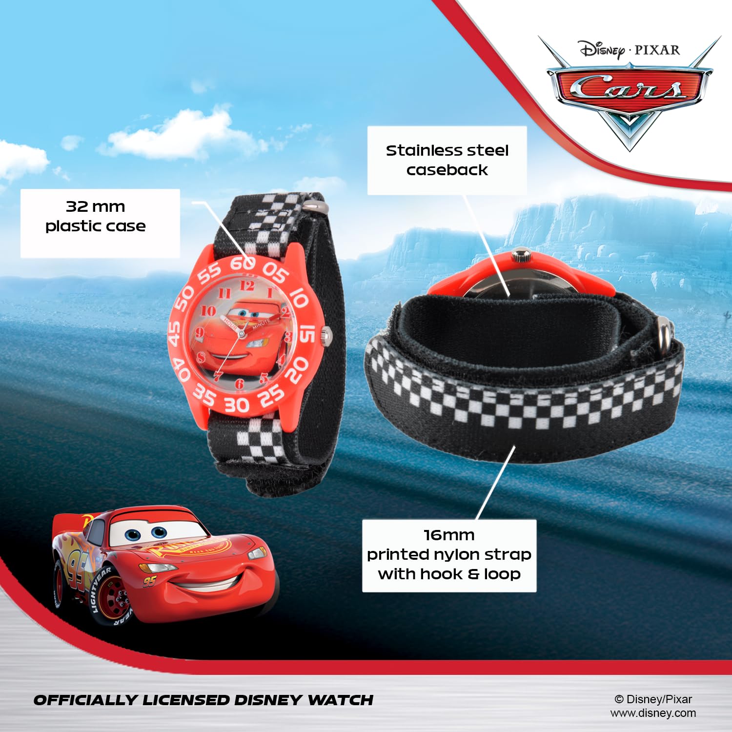 Disney Pixar Cars Lightning McQueen Watch for Kids 3-5, Boys, Toddlers – Analog Cars Watch with White Bezel, 3D Yellow Plastic Strap – Lightning McQueen Watches for Boys, Fun & Colorful Design