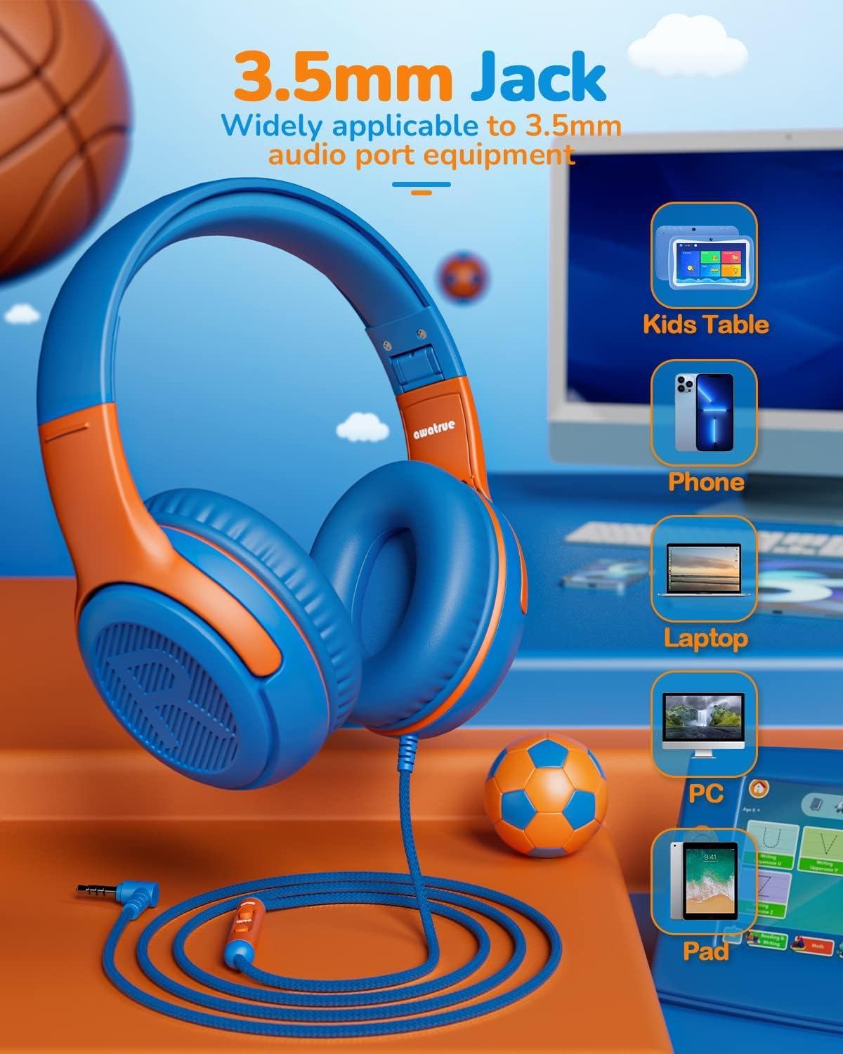Kids Headphones Wired Toddler Headphones with Microphone, Over-Ear Headphones, 85/94dB Volume-Limiting, 3.5mm Jack, Foldable On-Ear Design - Safe & Comfortable for Learning & Entertainment