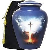 M MEILINXU Cremation Urns for Human Ashes Adult Man or Women, Urn for Ashes Adult Male or Female, Religion Cross, Funeral Decorative Urn for Burial, Religious Crosses, Grey Blue - Large Full Size