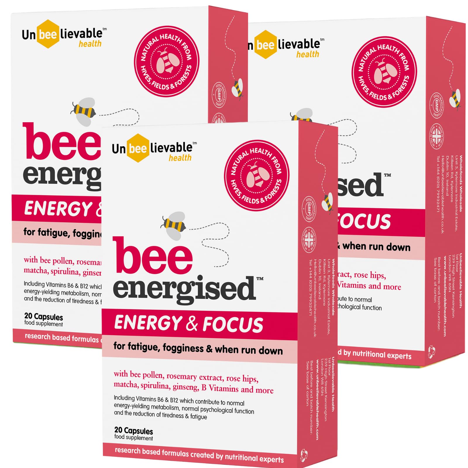 Unbeelievable Health Bee Energised Energy & Focus Supplement - Created by Nutritional Experts - Contains Organic: Bee Pollen, spirulina, Matcha and More - 3 Pack — image 1