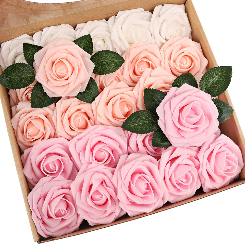 N&T NIETING Artificial Flower Roses, 25pcs Real Touch Foam Roses with Stems for DIY Wedding Bridal Bouquets, Valentine's Day, Mother's Day, Baby Shower, Home Decoration — image 1
