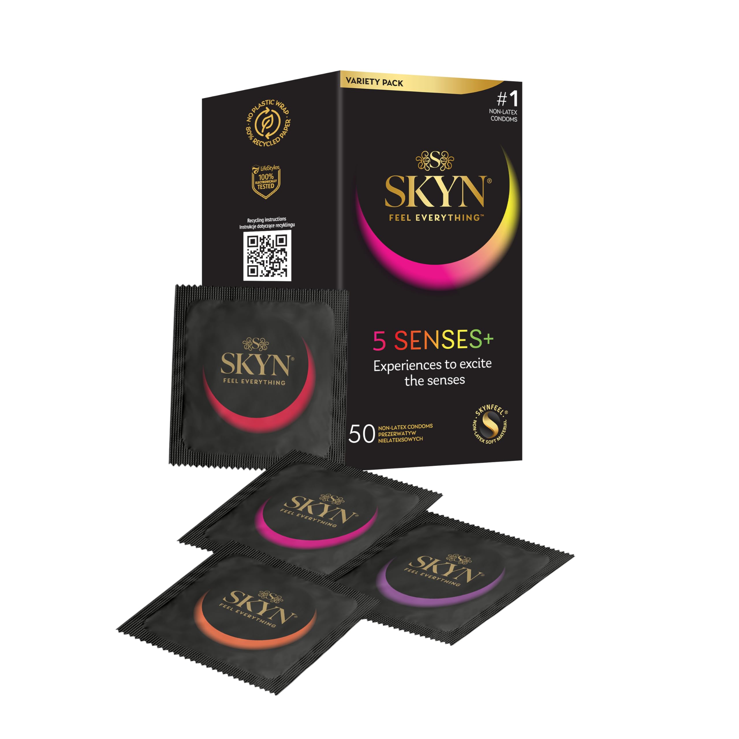 SKYN 5 Senses Condoms Pack of 50 / Skynfeel Latex Free Condoms for Men, Regular Size, Thin, Raised Dots, Cocktail Flavoured, Ultra-Thin, Warming, Cooling, 53mm Wide — image 1