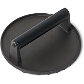 Amazon Basics Smash Burger Press, Cast Iron Bacon Press with Wooden Handle, Grooved Bottom for Grill Marks, Round 6.8-Inch, Black, 1-Pack