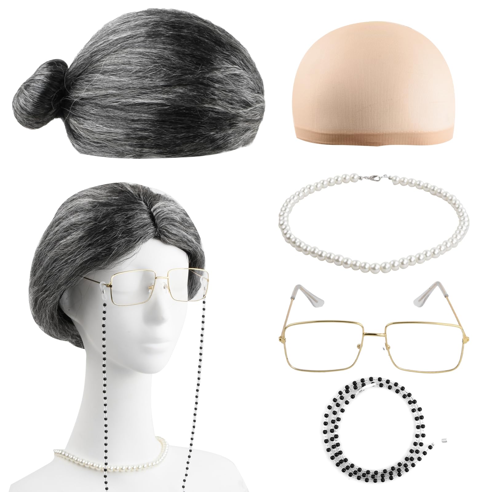 Wisebom Old Lady Cosplay Set, 5Pcs Grandma Fancy Dress Kit Include Grey Granny Wig with Wig Cap Faux Pearl Necklace Glasses with Chain for Costume Cosplay Masquerade Carnival