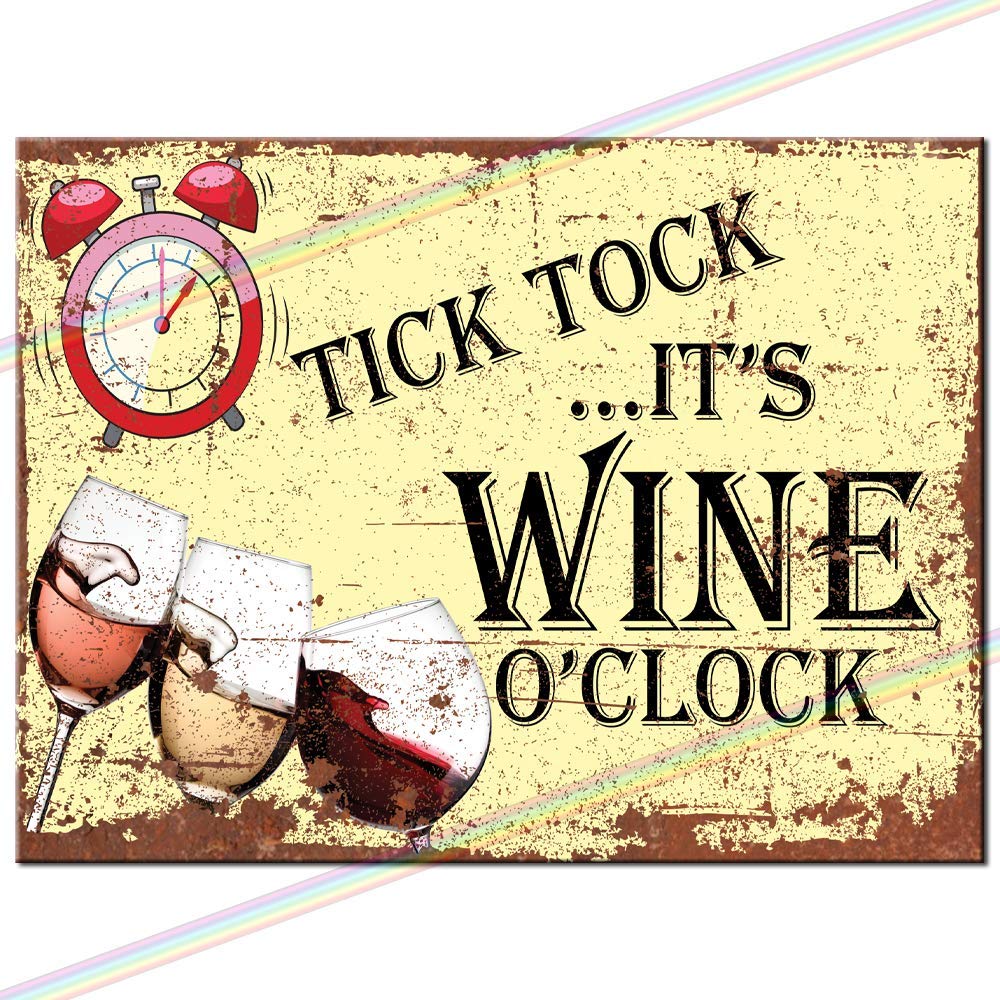 Metal Signs - Tick Tock Wine O'clock Logo. Man Cave Tin Metal Sign Hanging Wall Plaque Kitchen Shed Garage. Medium (20cm x 15cm)