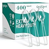 QualQuot 400 Count Heavy Duty Clear Plastic Spoons, Bulk Disposable Spoons | Solid and Durable Crystal Spoons, BPA-Free and Heat Resistant, Premium Disposable Spoon for Daily Use and Party